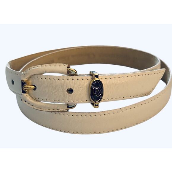 Christian Dior VTG 80s Belt Women Medium White Genuine Leather Skinny Gold Logo - Picture 1 of 9